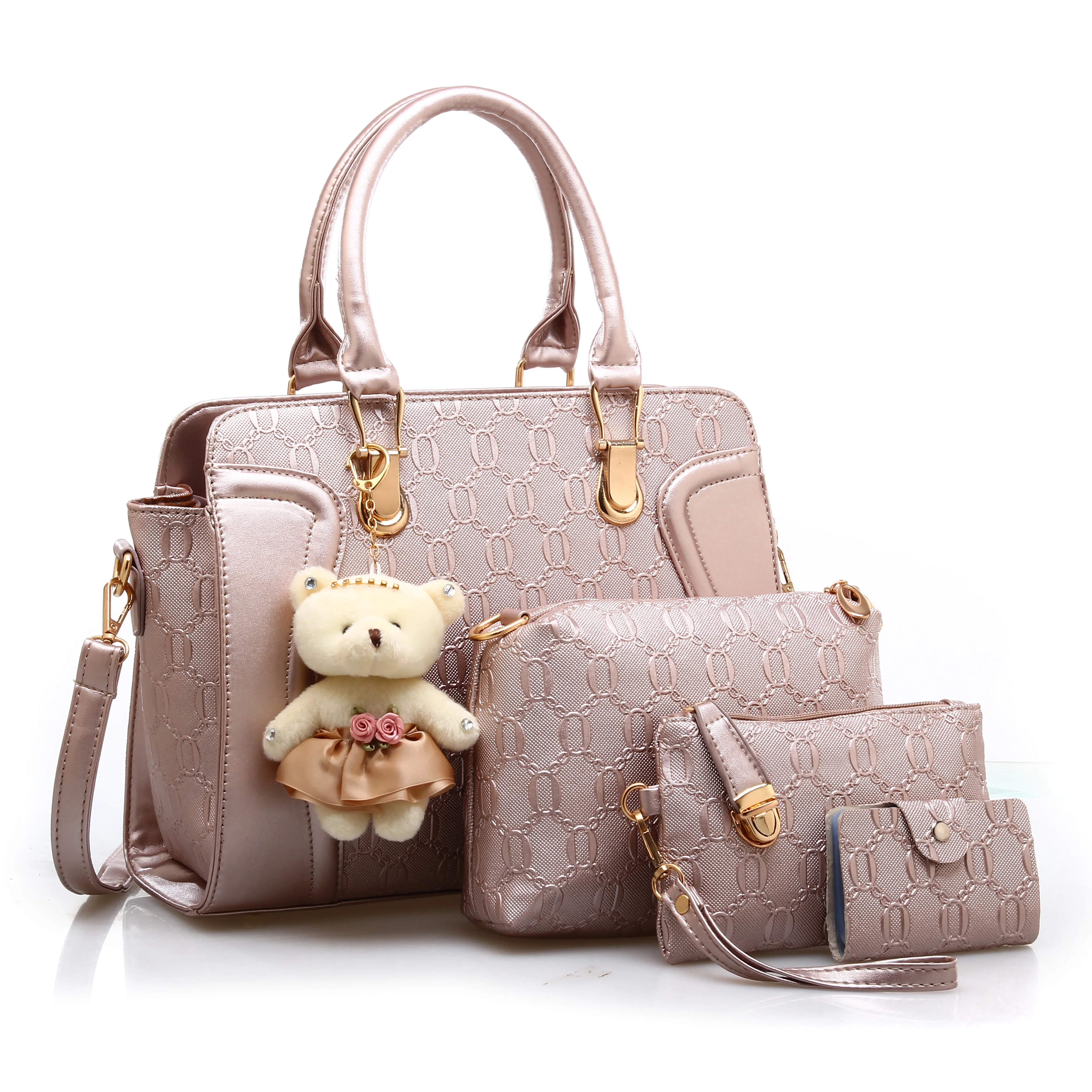 

New design ladies 4-piece set tote handbag bear pendant leather handbags for women, Beige, red, blue, black, local gold, gray