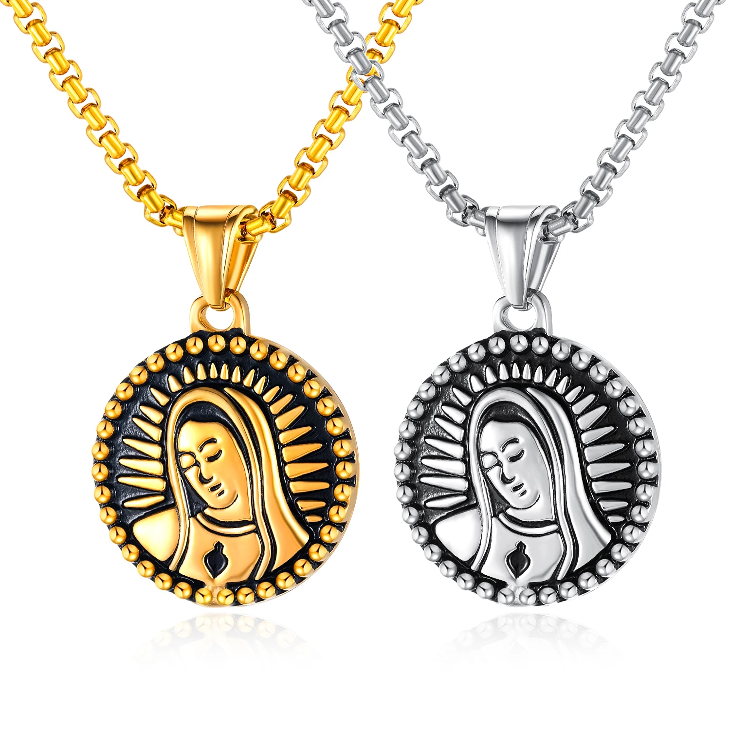 

Christian Charm Jewelry Silver Gold Plated Titanium Steel Coin Necklaces for Women Teen Girls Portrait Virgin Mary Necklace