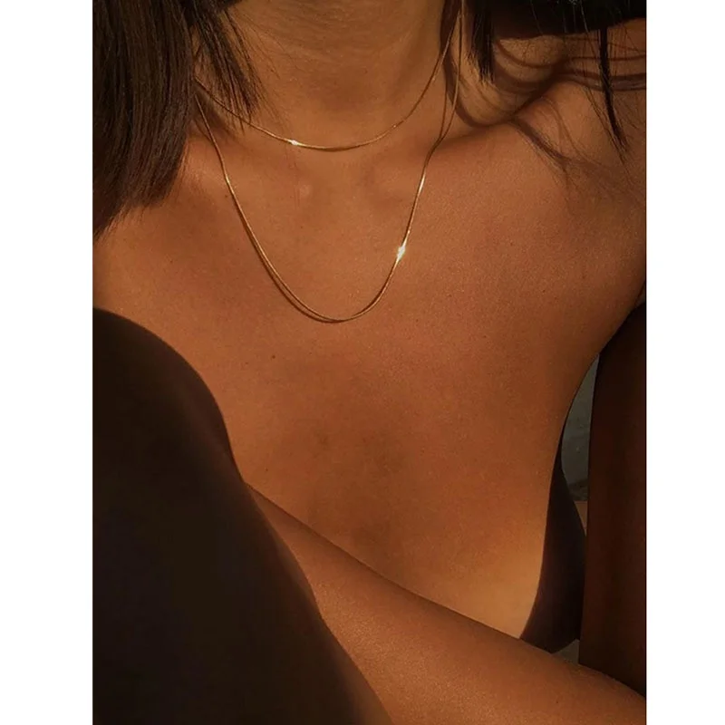 Stainless steel double Layer round snake chain glossy stacked thin clavicle choker necklace for women