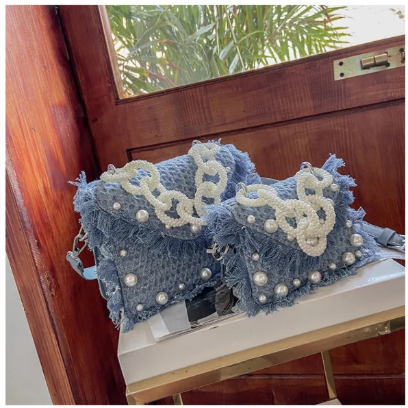 

New design fashion handbag pearl chain shoulder bag denim purses handbags women