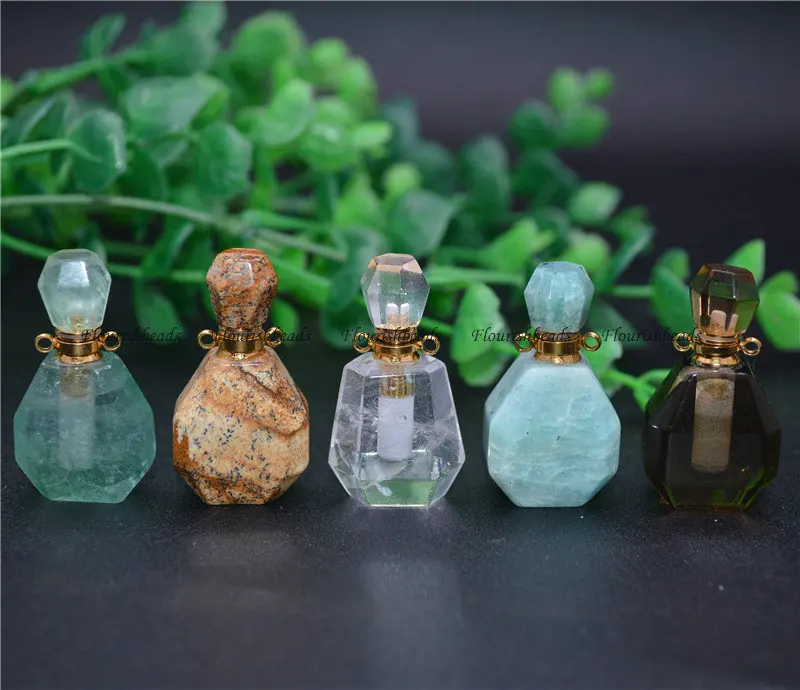 

Faceted Natural Multi Gemstones Aroma Diffuser Necklace Mini Perfume Bottle Pendant Open Essential Oil Diffuser Jewelry Gift