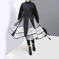 

Amazon Hot Selling Japanese Style Black Pleated Shirt Dress Long Sleeve Lady Mesh Patchwork Ruffles Hem Ladies Dress 5581