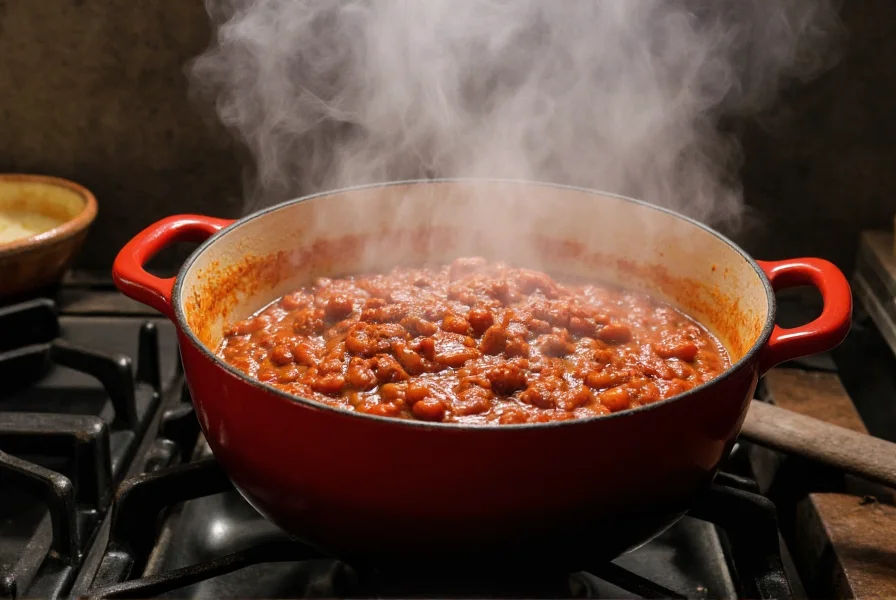 Pot of chili simmering on stove with steam rising showing natural reduction process