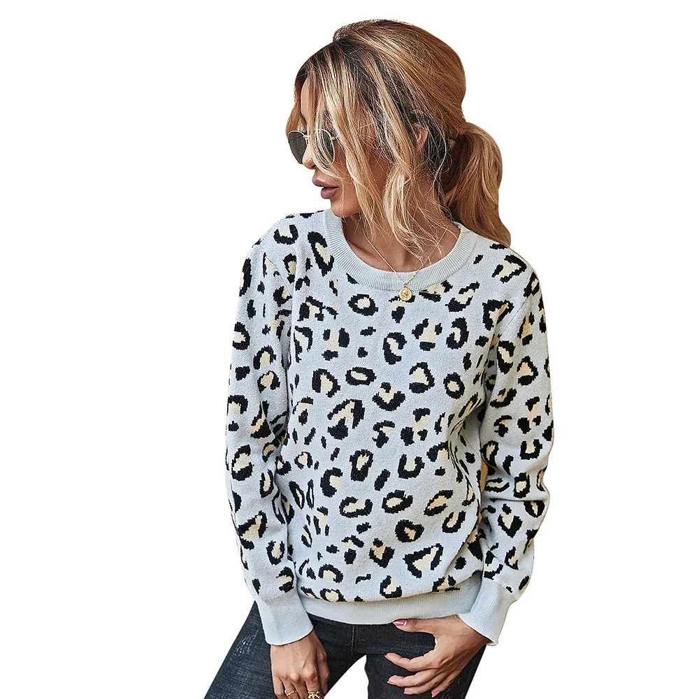 

2021 autumn fashion leopard print sweater blouse backless slim women knit sweater pullover