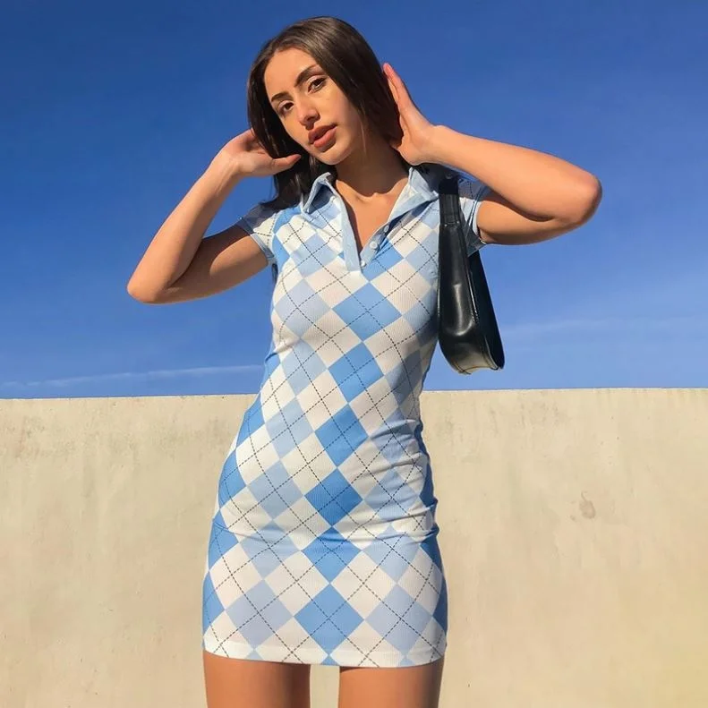 

Diamond Check Print Hit Color Lapel Single-Breasted New Sexy Slim-Fit Hip Dress