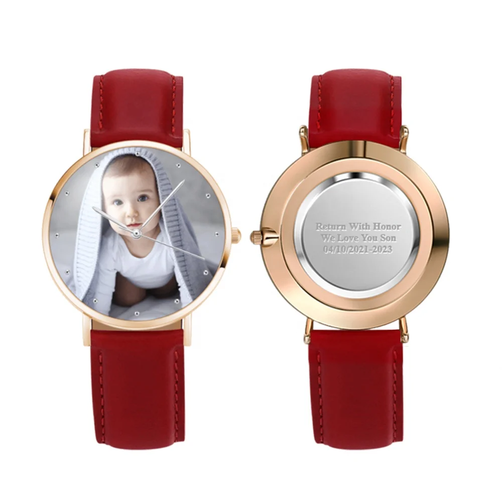 

Unisex Engraved Rose Goldtone Photo Watch 40mm Custom Logo Black Leather Strap Photo Couple Watches