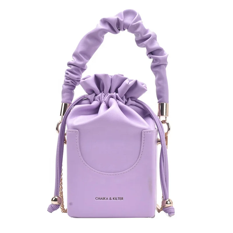 

2020 Plain PU Leather Girl Small Boxed Handbags Drawstring Opening Women Lock Chain Shoulder Messenger Bag