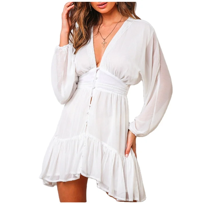 

V-neck female spring and summer white lace long sleeve mini pleated dress elegant women's sexy dress