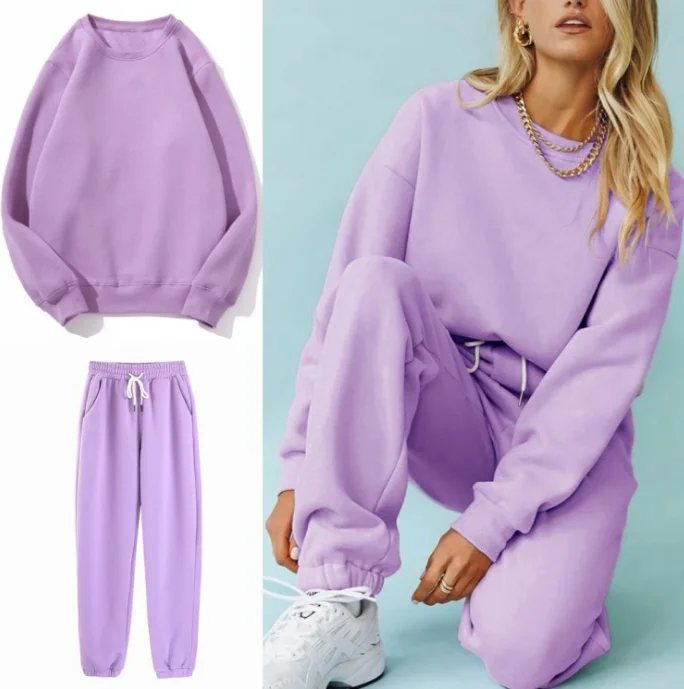 

Custom logo Women two piece set winter clothing pink candy colors crew neck sweatshirt with sweat pant suit set, In available