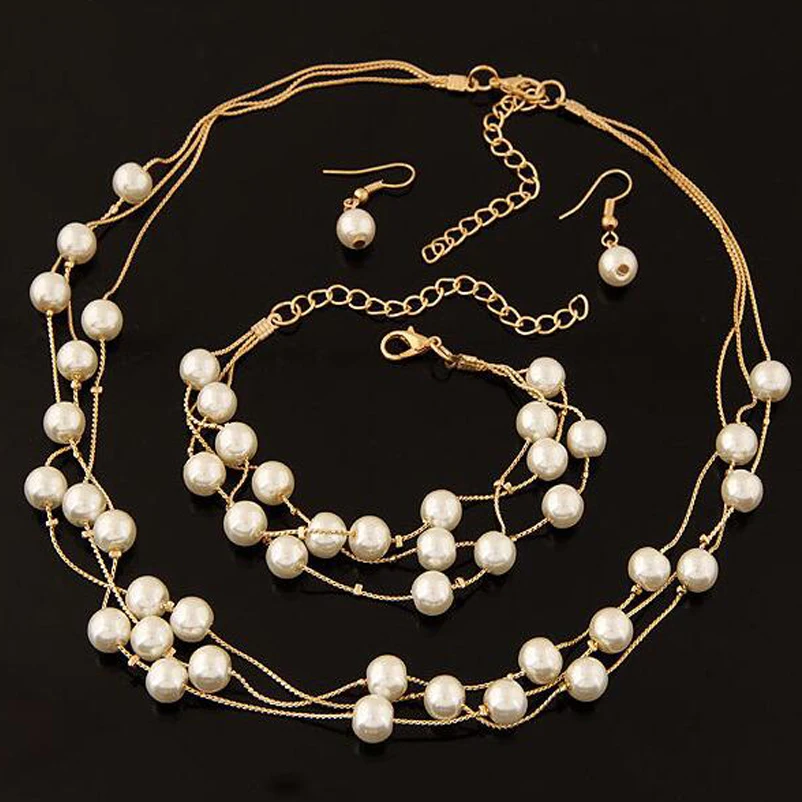 

KOMi Imitation Pearl Bridal Jewelry Set Simulated Double Layer Women pearls Earrings Necklace Bracelet Sets for Wedding