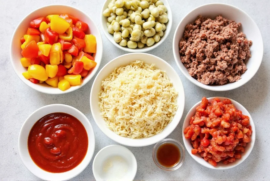 Unstuffed pepper skillet ingredients including diced bell peppers, ground beef, rice, and tomato sauce in separate bowls