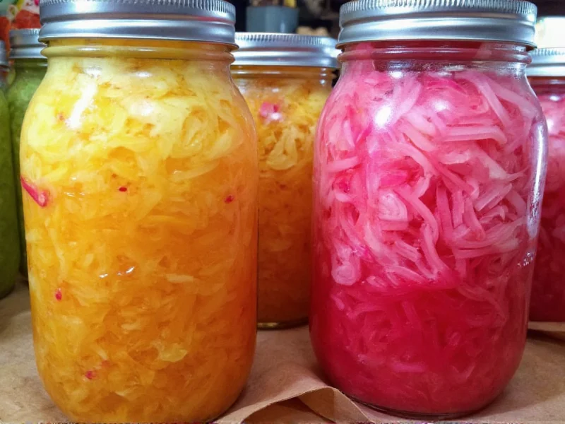 Colorful homemade sauerkraut variations in mason jars