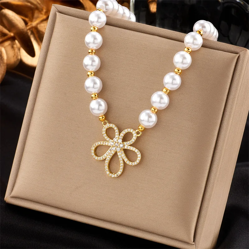 

2023 New 18k Gold Plated Zircon Trendy Flower Necklace Jewlery Stainless Steel Pearl Necklace For Women