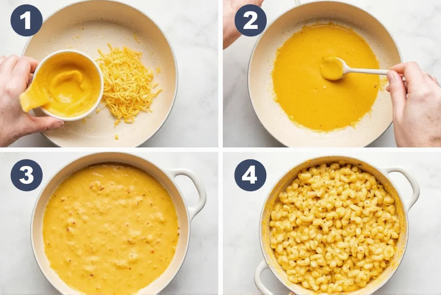 Step-by-step preparation showing cheese melting into creamy sauce with visible pepper flecks in homemade pepper jack mac and cheese