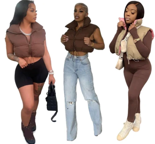 

Autumn Winter Ladies Vest Puff Jacket Coat Bubble Contrast Color Stand Up Collar Zipper Womens Puffer Vest, Picture color