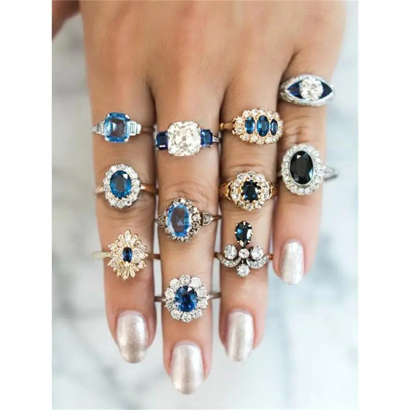 

11Pcs ring sets for women gold silver exaggerated diamond sapphire vintage finger rings luxury design fashion girls jewelry