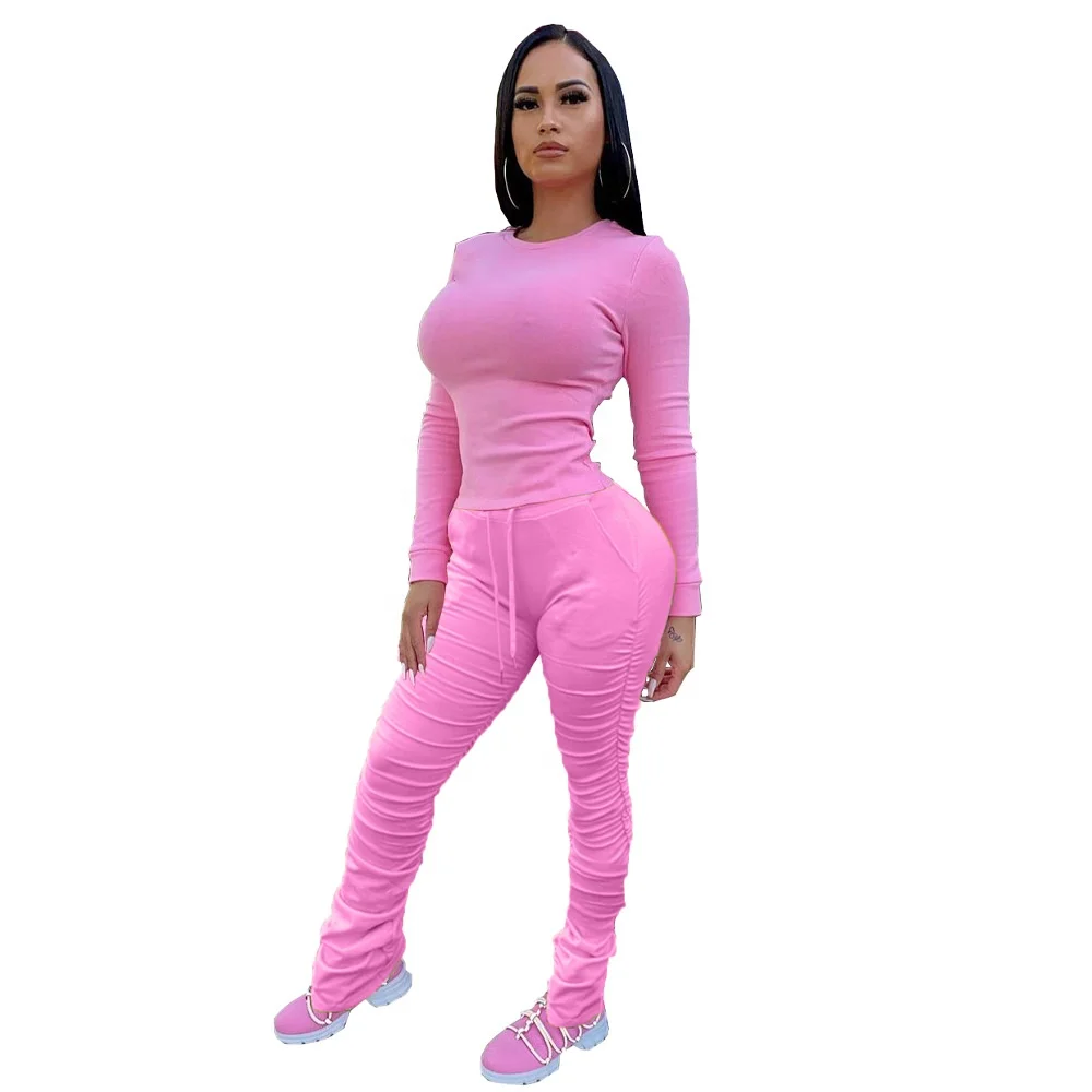 

MT44-3236 wholesale women fashion Pleated solid color long sleeve suit womens sweatsuit two piece set women clothing