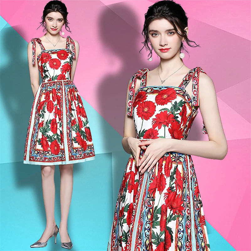 

In stock sales 2021 new woman clothes wholesale fashion apparel elegant floral casual dresses Sleeveless short suspenders dres, Picture color