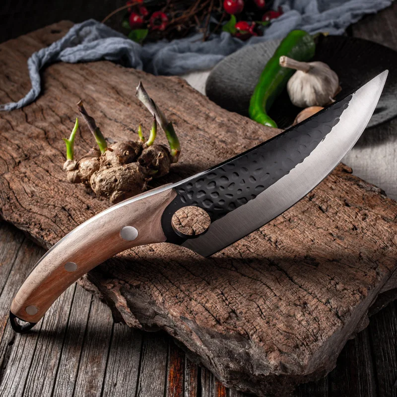 

5inch high carbon steel Hand Forged Butcher Rosewood Handle curved boning kitchen knife with leather sheath chef Knives