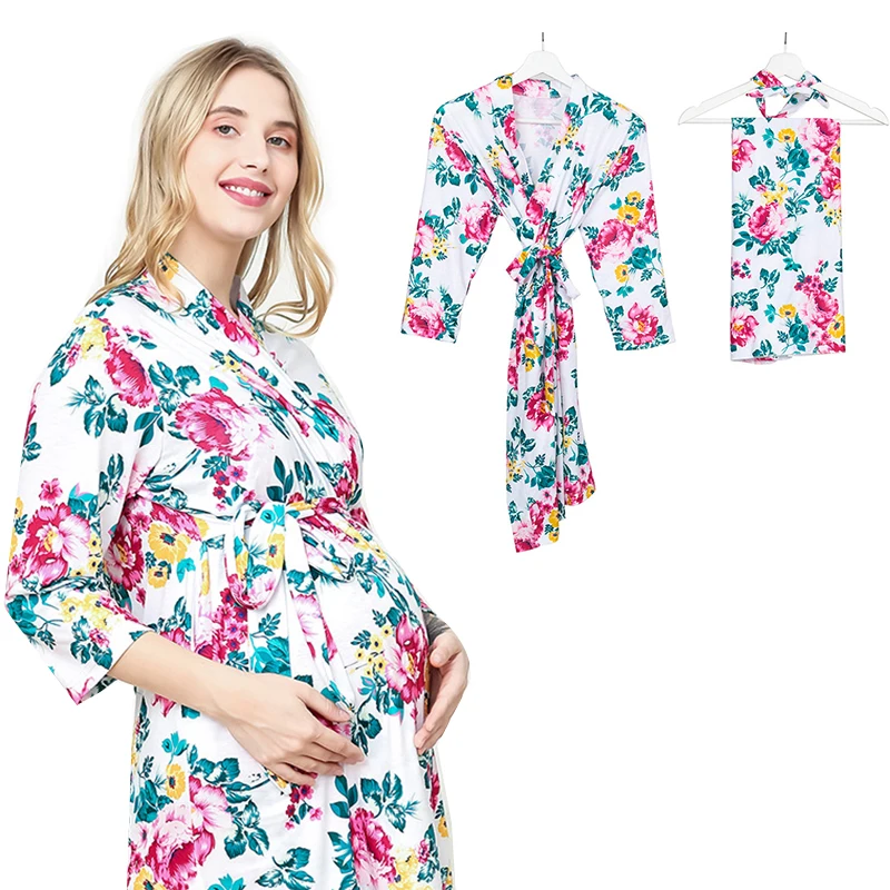 

C'dear 3PC Set- Extra Large Hospital Delivery Nursing Nightgown Maternity Robe Gown and Baby Swaddle with Headband Wrap Set