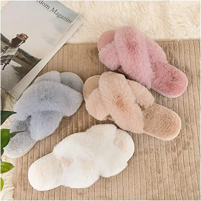 

Custom LOGO Cross Band Slippers Soft Plush Furry Home Shoes Flip Flop Indoor Outdoor Fur Women's Sandals