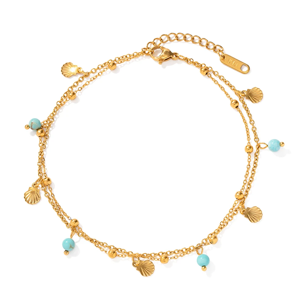 

New Arrival Stainless Steel Anklet Beach Jewelry Gift Stainless Steel Turquoise Stone Pendant Seashell Charm Anklet