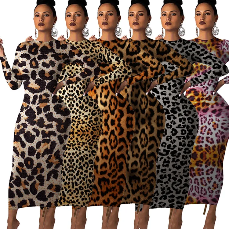 A91765 Women club dress clothes sexy lady long Sleeves leopard printed bodycon dress