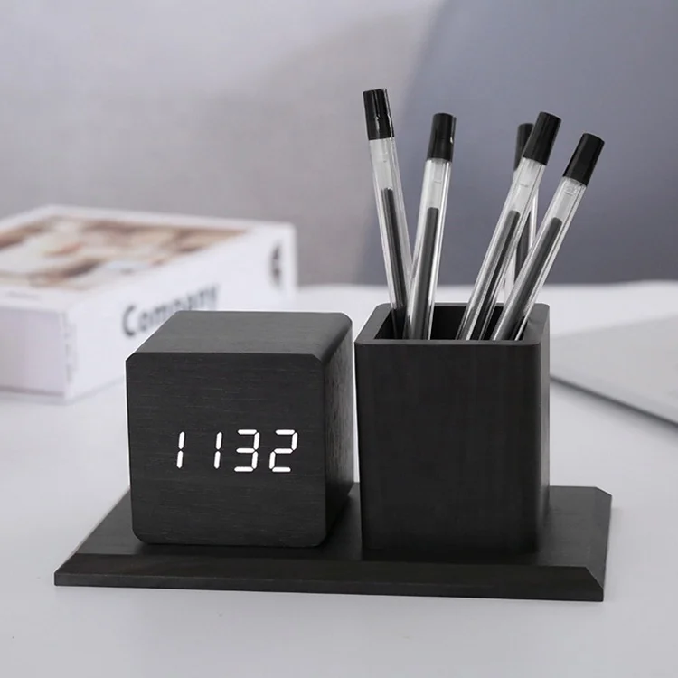 

wood digital LED alarm clock with pen holder office table clock promotional gift logo custom new design wooden desktop clock, Bamboo, dark brown, black