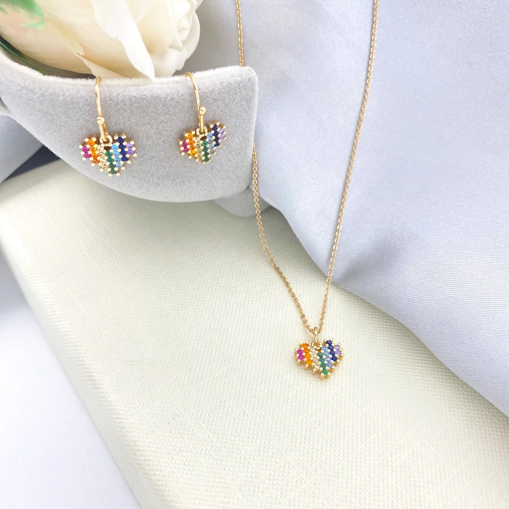 

New Jewelry 18k gold plated multicolored heart diamond pendant earrings necklace JEWELRY set for women