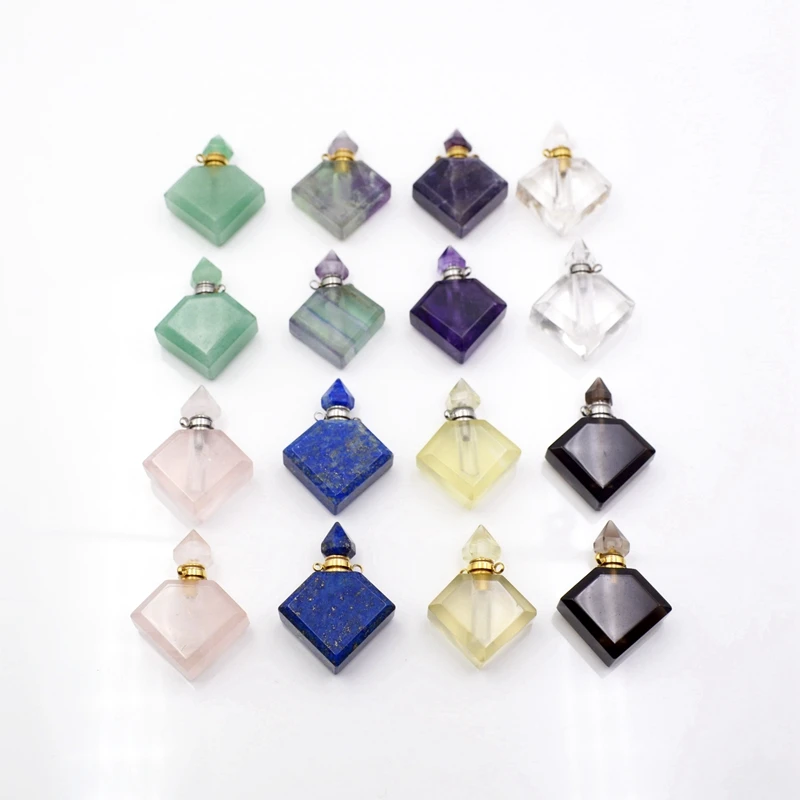 

Natural Square Gemstone Bottle Pendant Necklace Crystal Quartz Perfume Vials Stainless Steel Jewellery Jewelry wholesale, Multi