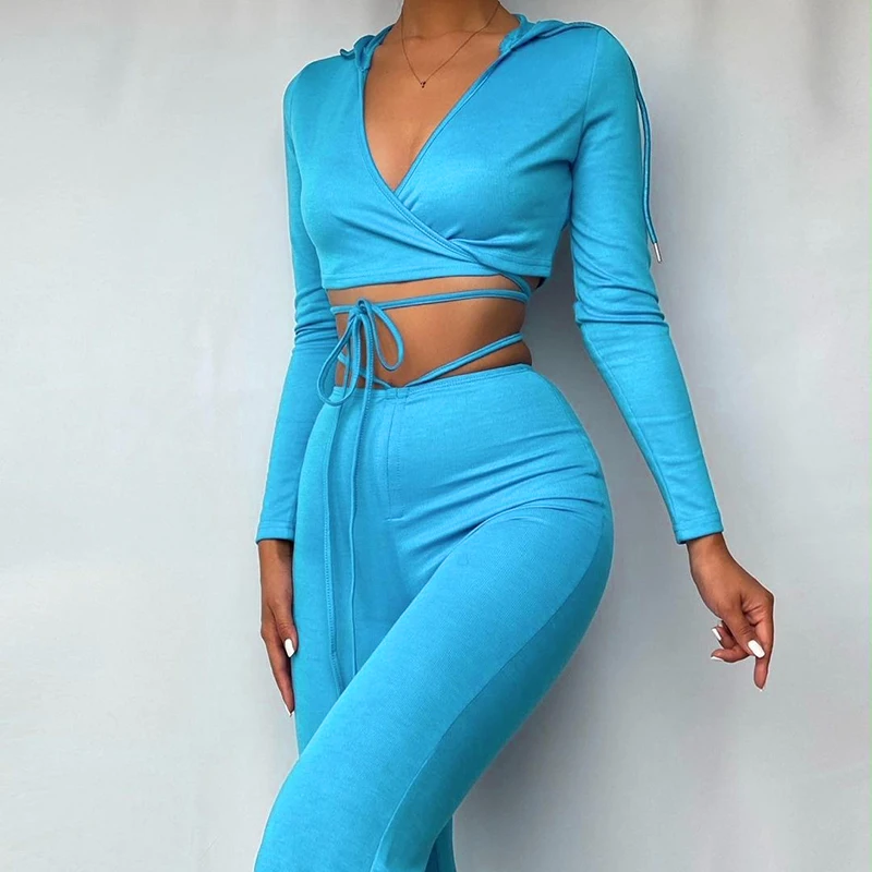 

Bomblook K21ST593 Fall New Arrival 2021 Basic Hoodie Outfit Solid Color V Neck Crop Top String Pant Set Womens Clothing