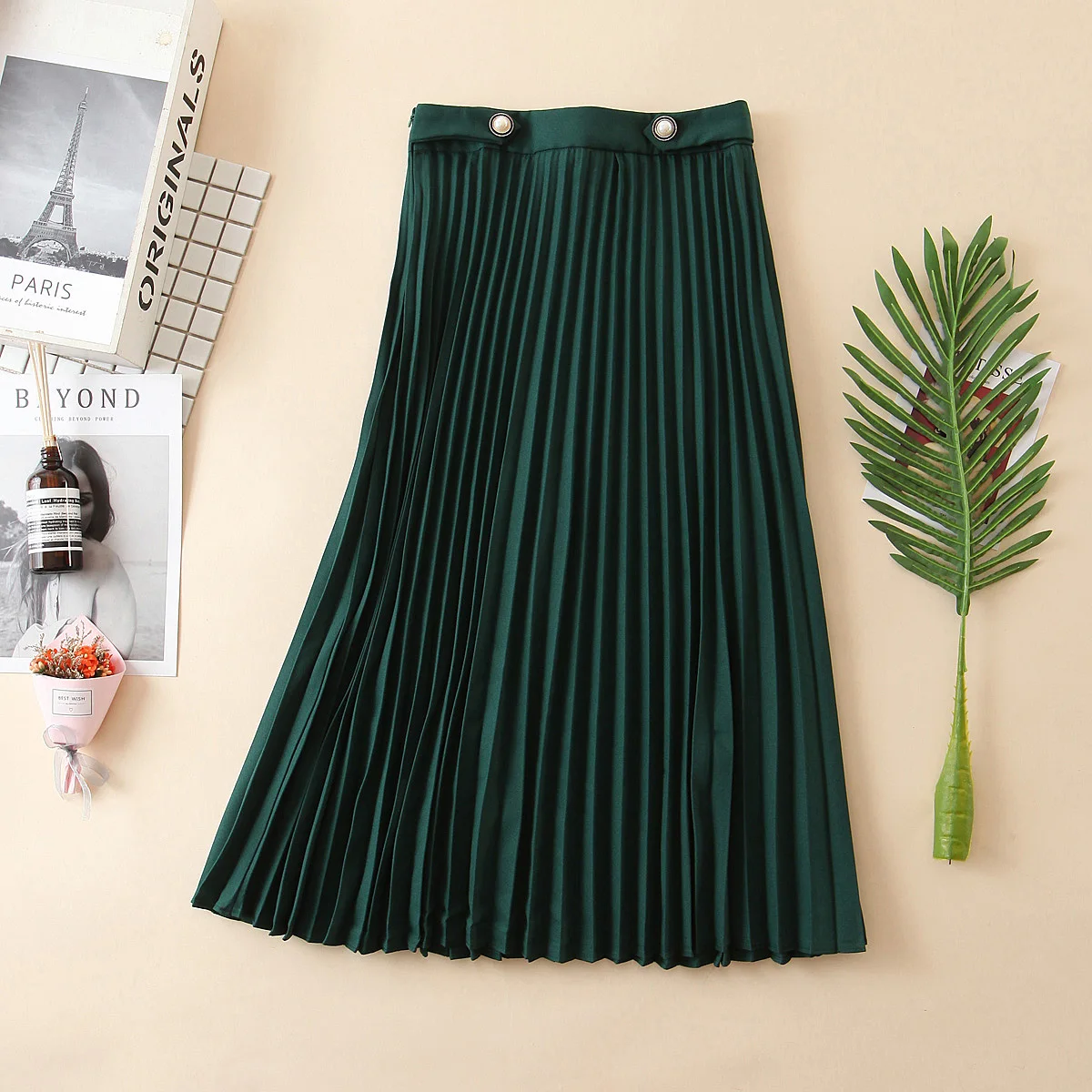 

Office lady style simple design dark green color women pleated summer skirts
