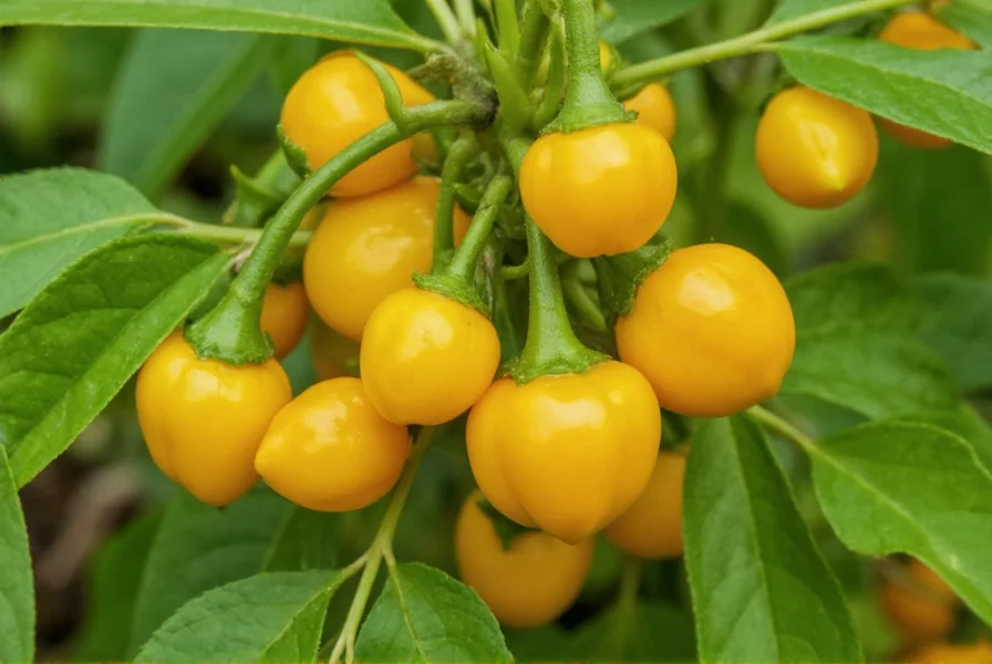 Close-up photograph of charapita peppers growing on plant in Amazon region, showing small golden-yellow round peppers clustered on bushy plant