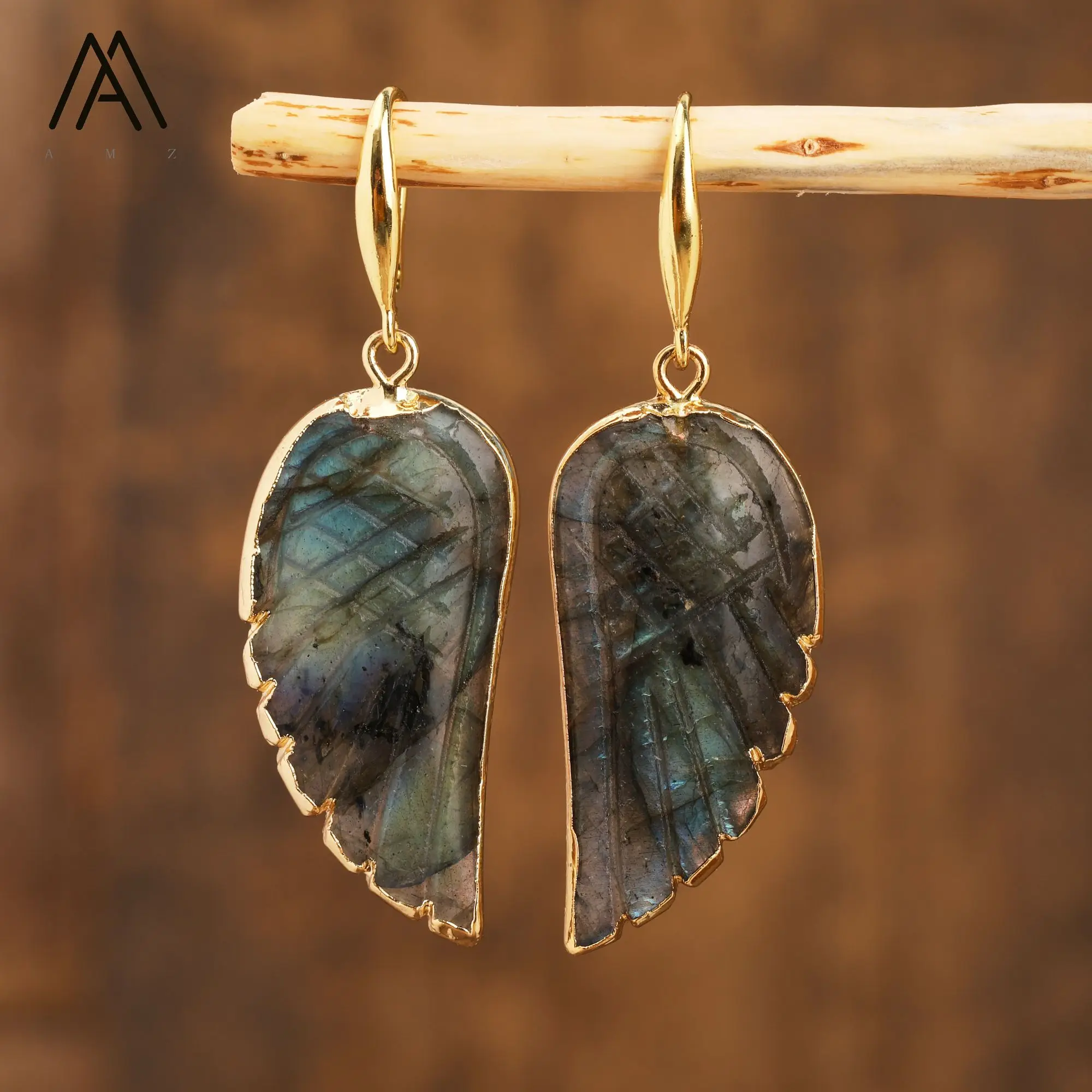 Crystal Wing Earrings  Rainbow Fluorite Flash Labradorite Natural Stone Earring for Women Party Gifts