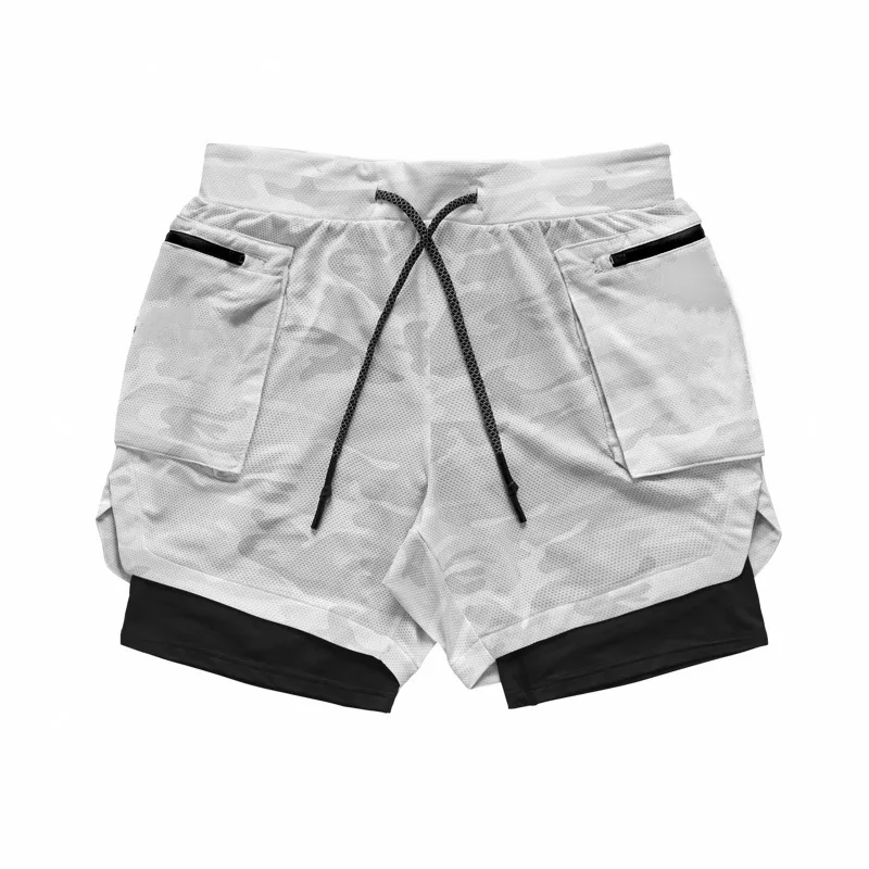 

Summer European and American sport casual double shorts men quick dry training fitness five cent short pants, Black/camouflage white/army green/camouflage grey