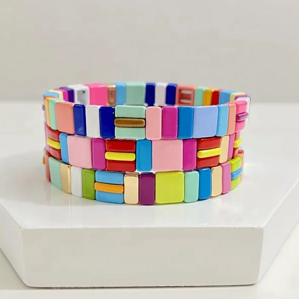 

Trendy Bohemian Square Bar Enamel Tile Tila Stretch Stacking Bracelets, Red
