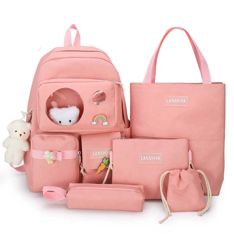 

2021 new design nylon school bags for girls 5 pcs set backpack women college backpack waterproof leisure bag