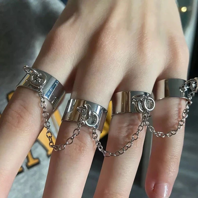 

New Punk Cool Hip Pop Rings Multi-layer Adjustable Chain Four Open Finger Rings Alloy Women man Rotate Rings Party Gift, Silver