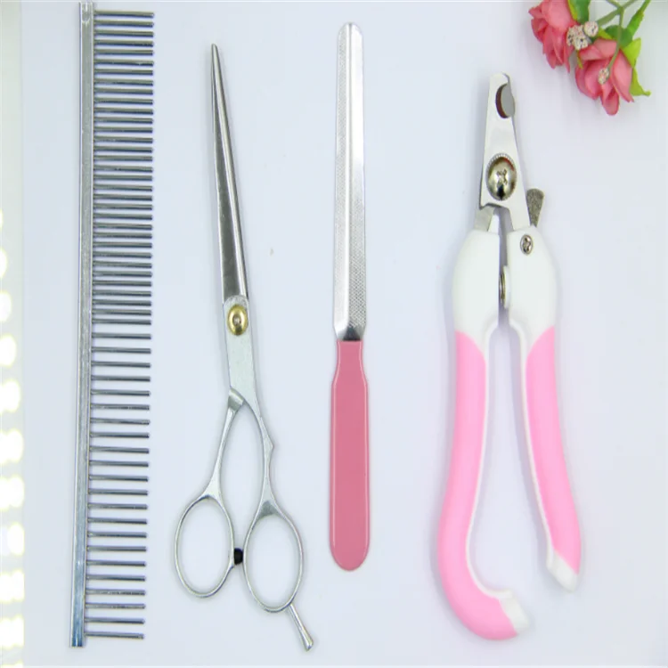 

Pet cleaning grooming four-piece stainless steel straight comb small nail Clipper file pet scissors tool