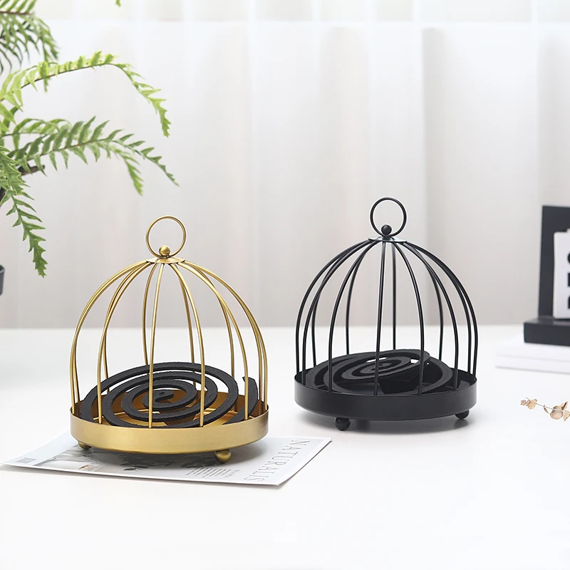 

European style luxury decoration golden birdcage shape mosquito-repellent incense holder creative ash tray sandalwood burner, Gold/black