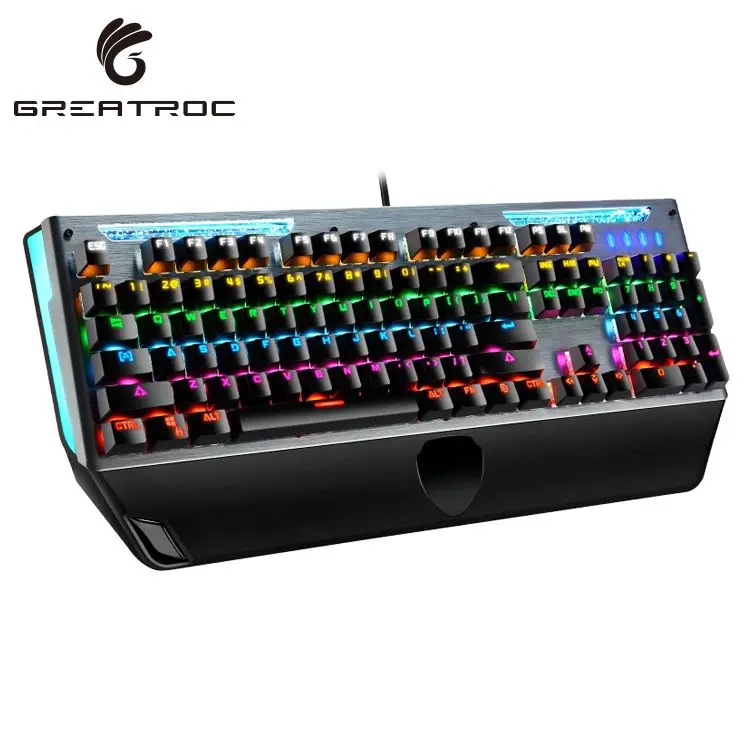 

Great Roc cheap multimedia blue switch mechanical keyboard anti-ghosting 104 keys rainbow LED backlit USB wired gaming keyboard, Black