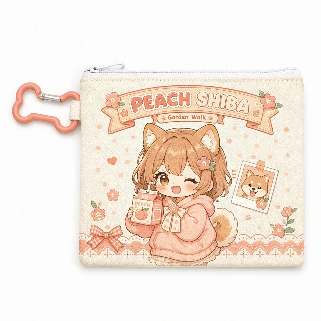 Peach Shiba Kawaii Canvas Pencil Pouch Full View