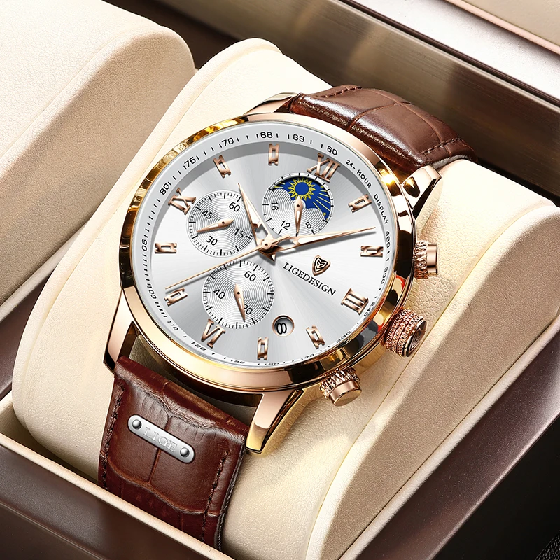 LIGE LG8953 Luxury Watch for Men Brown Leather 24-Hour Subdial Roman Numeral Chronograph Vintage Wristwatch+ Gift Box Montre