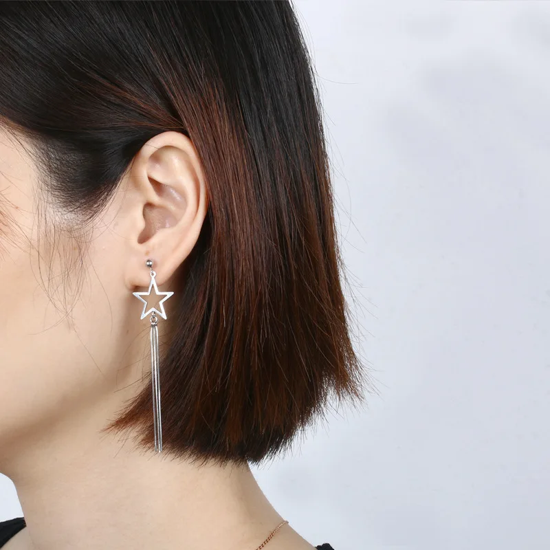 

Luxury S925 Sterling Silver Star Tassel Drop Stud Earrings Platinum Plated Star Tassel Thread Dangle Earrings