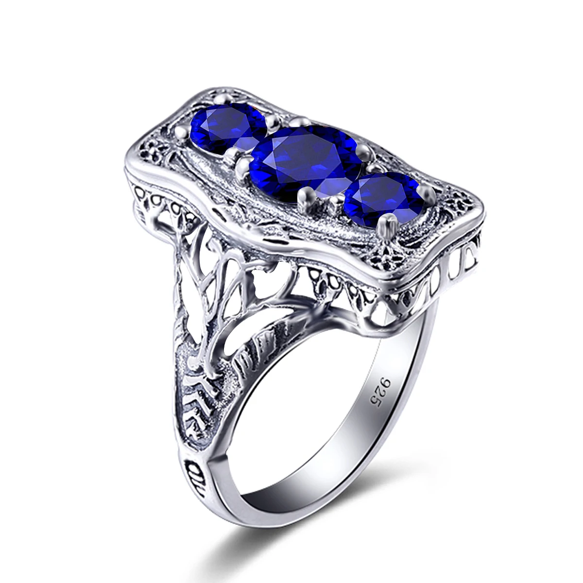 

Vintage Sterling 925 Silver Women Rings Sapphire 3 Stone Ring