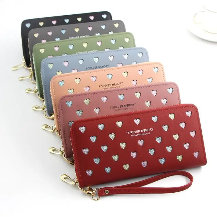 

Wholesale Wallet Card Holder Clutch Long Love Heart Design Women Purse Leather Double Zipper Ladies Cute Wallets, 7 colors