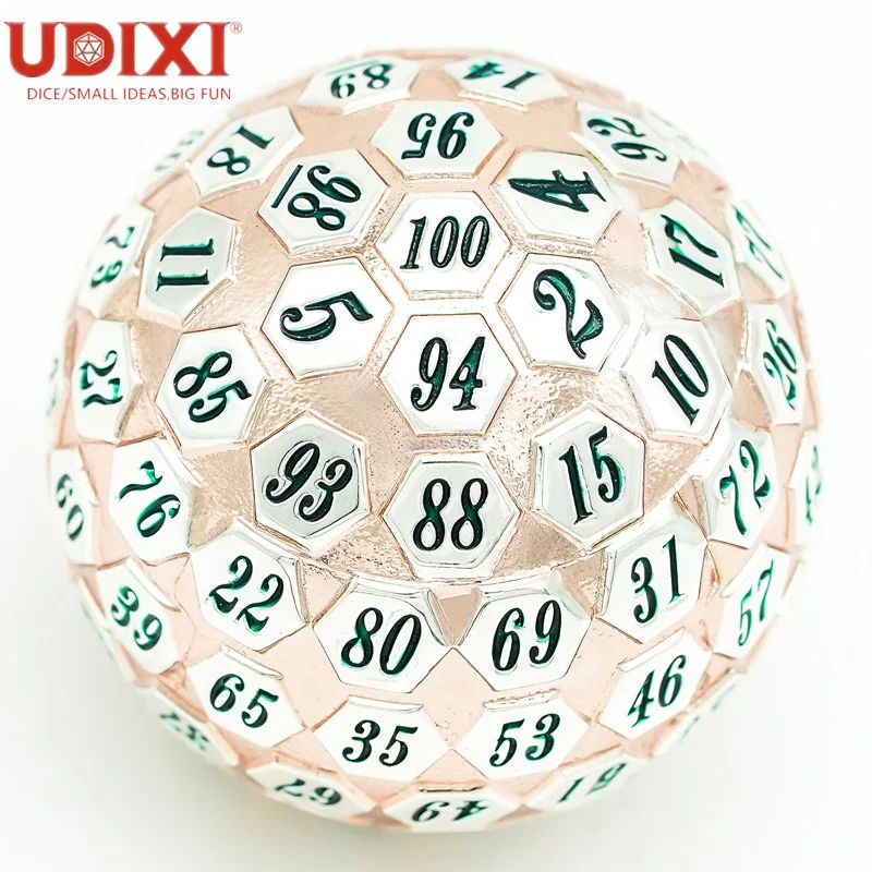 

Udixi 100 sides Spherical D100 Rose Gold&Sliver and Green Font Metal Dice, Multi-colored