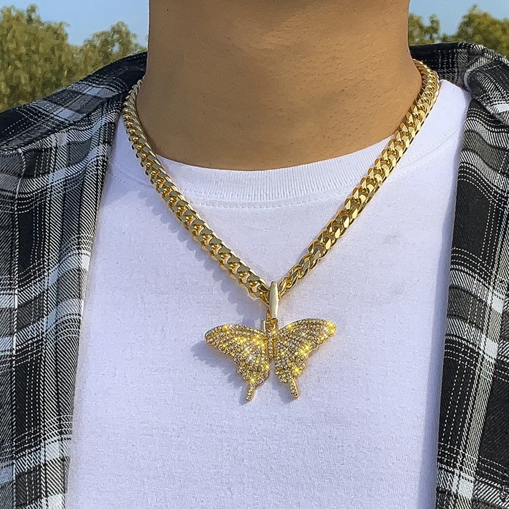 

OUYE Hip-hop diamond big butterfly pendant necklace trend geometric chain clavicle chain men's and women's necklaces, Color