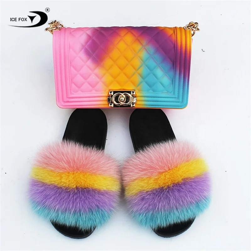 

Colorful Flip Flop Ladies Fluffy Slides Cheap Real Fur Slipper with Matching Bag Set, Any color choices