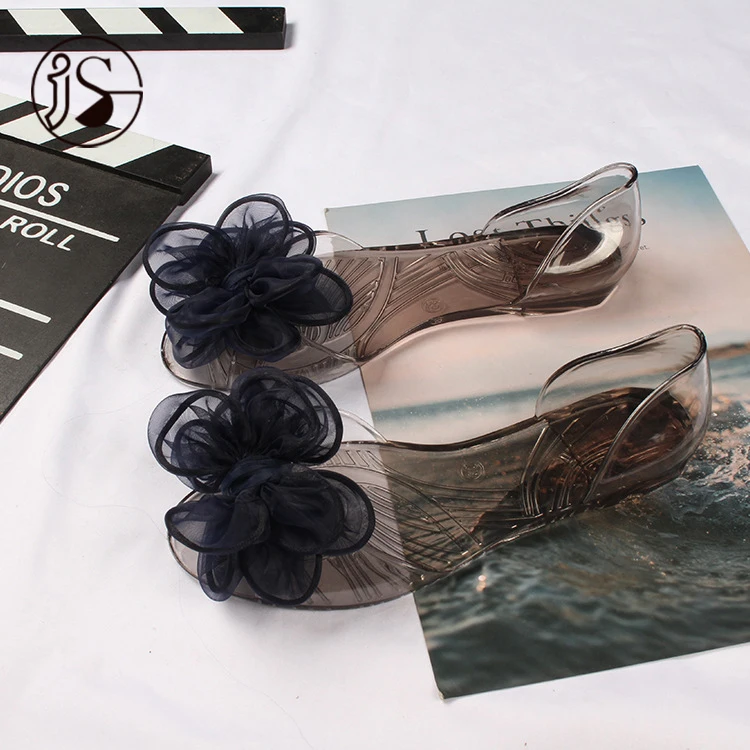 

Charm shark fashion daily summer new style flat heel fish mouth transparent bottom two-layer flower bag heel casual wear sandals, Picture